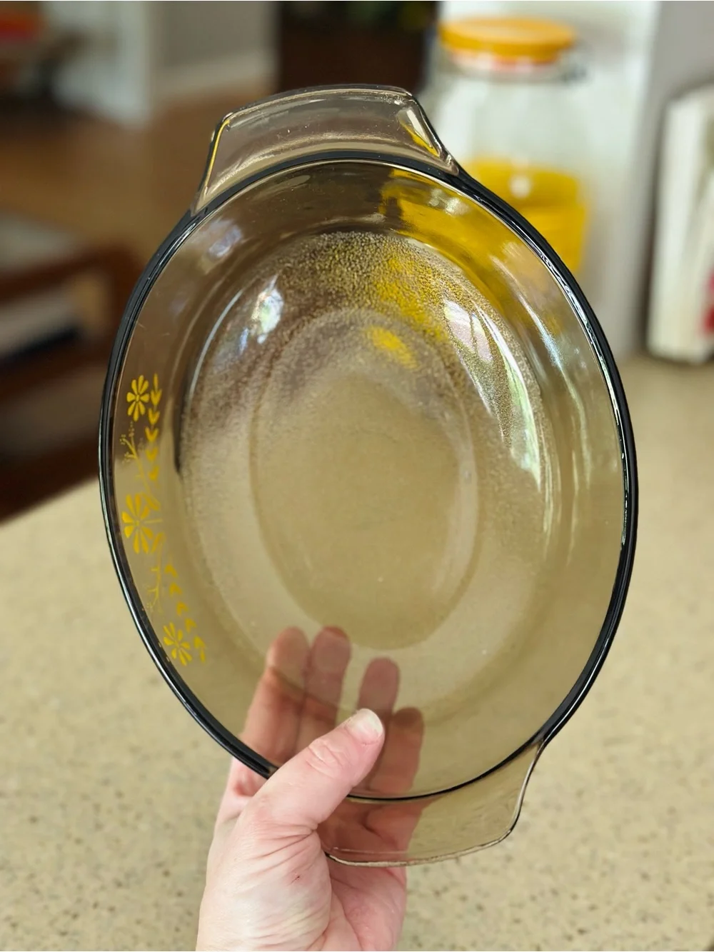 Vintage yellow daisy and smoked amber casserole dish